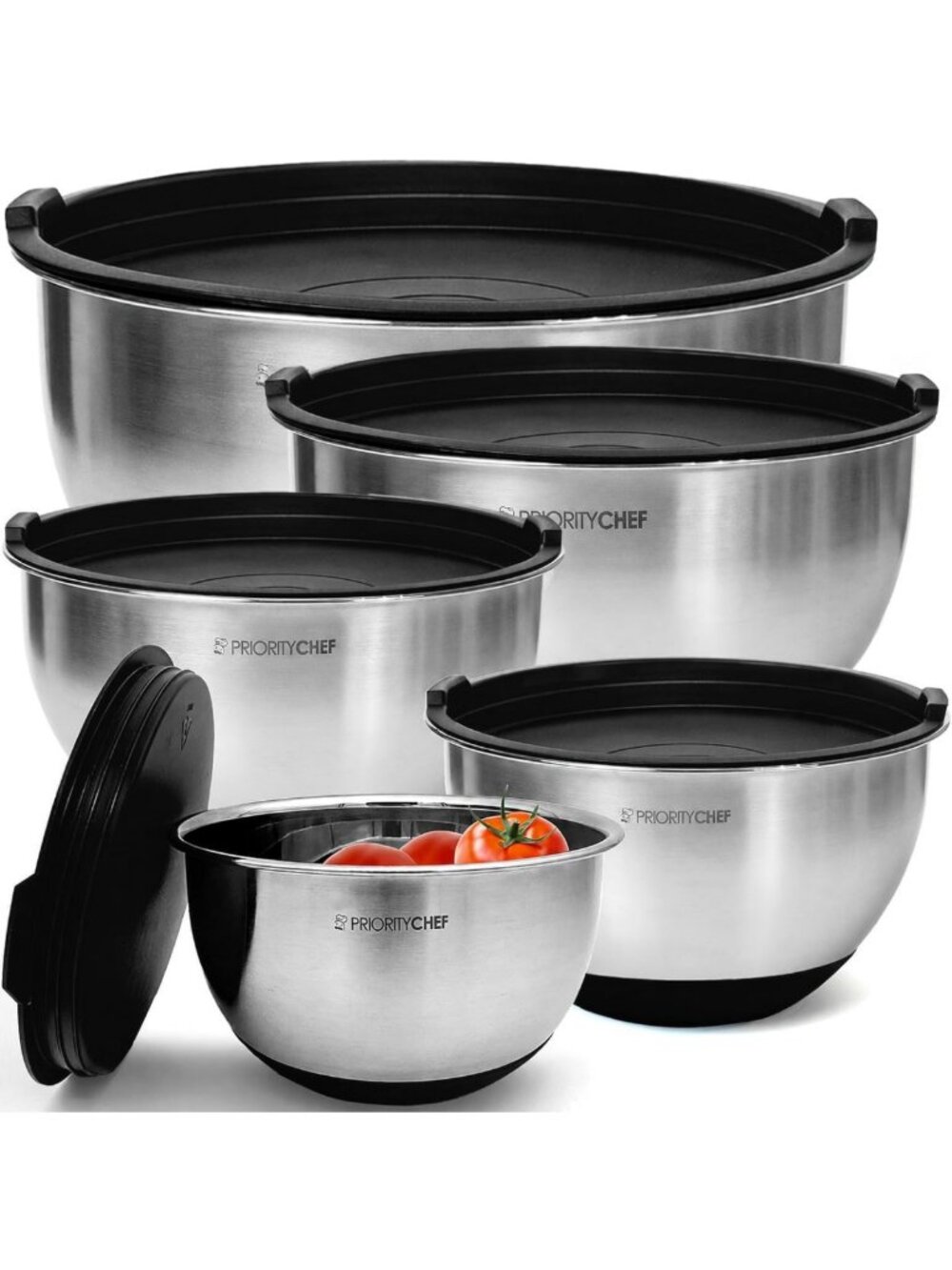 Airtight Mixing Bowls Set with Lids - Stainless Steel, Non-Slip Base, 5 Nesting